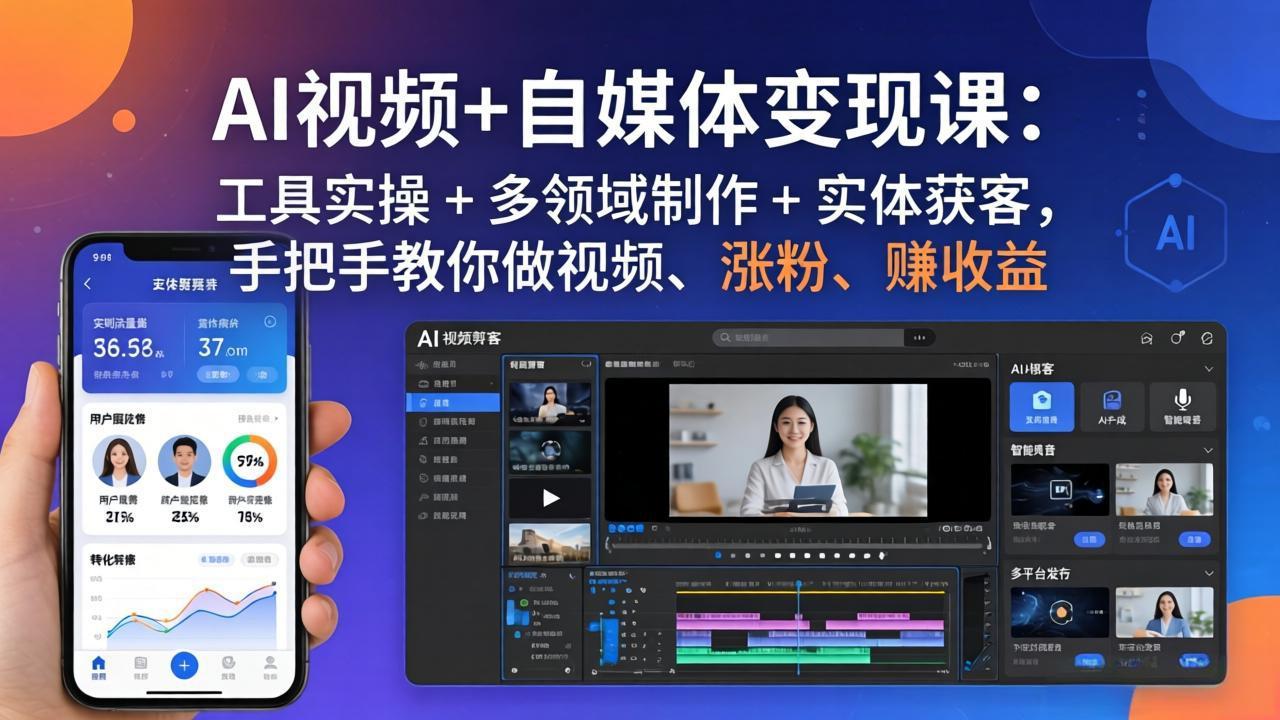 AI视频+自媒体变现课：工具实操 + 多领域制作 + 实体获客，手把手教你做视频、涨粉、赚收益-数码之翼
