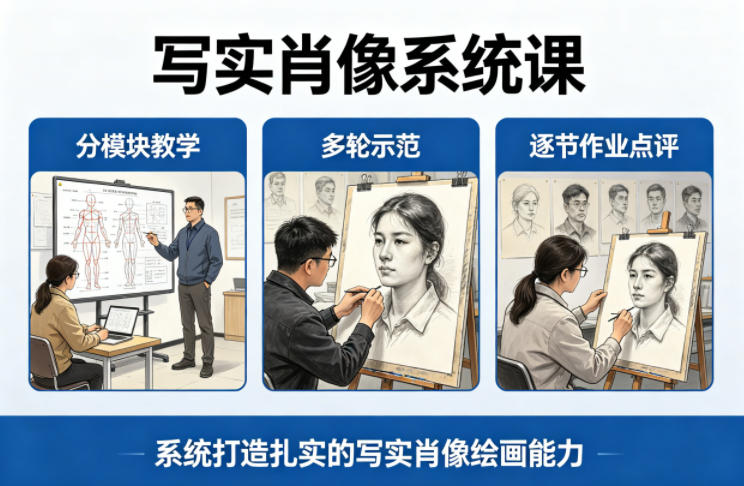 写实肖像系统课，全程分模块教学+多轮示范+逐节作业点评，系统打造扎实的写实肖像绘画能力-数码之翼