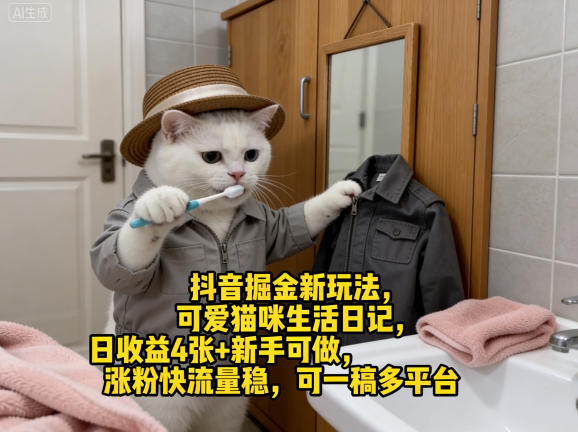 抖音掘金新玩法，可爱猫咪生活日记，日收益4张+新手可做，涨粉快流量稳，可一稿多平台-数码之翼