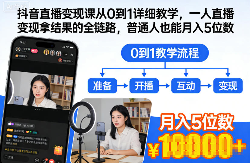 抖音直播变现课从0到1详细教学，一人直播变现拿结果的全链路，普通人也能月入5位数-数码之翼