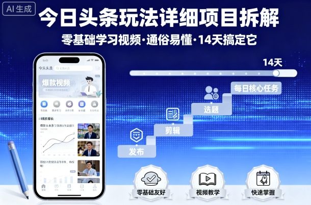 今日头条玩法详细项目拆解，零基础学习视频 通俗易懂 14天搞定它-数码之翼