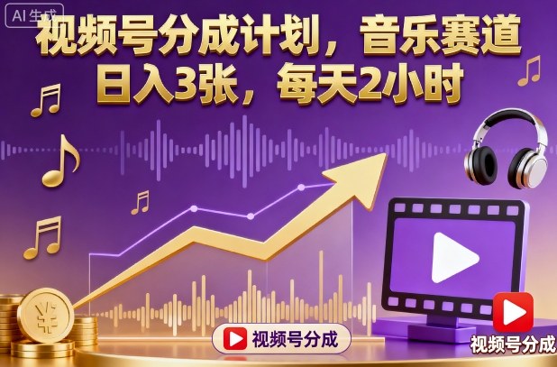 视频号分成计划，音乐赛道，日入3张，每天2小时-数码之翼