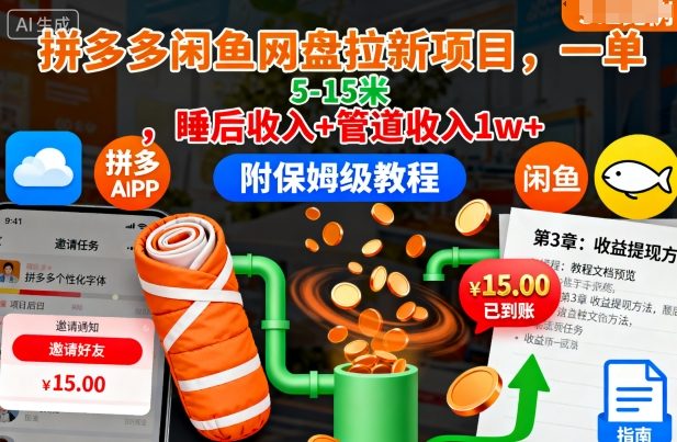 拼多多闲鱼网盘拉新项目，一单5-15米，睡后收入+管道收入1w+(附保姆级教程)-数码之翼