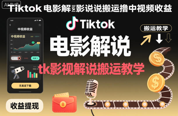 Tiktok电影解说搬运撸中视频收益，tk影视解说搬运教学-数码之翼