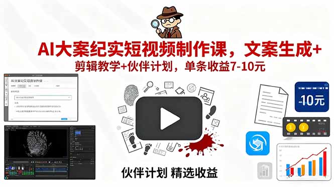 AI大案纪实短视频制作课，文案生成+剪辑教学+伙伴计划，单条收益7-10元-数码之翼