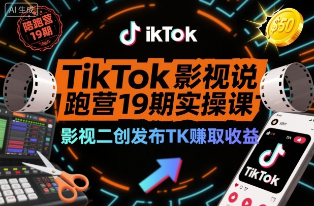 TikTok影视解说陪跑营19期实操课，影视二创发布TK賺取收益，万播收益50美金-数码之翼