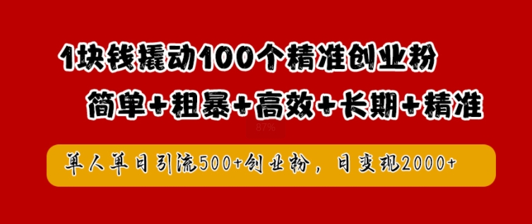 1块钱撬动100个精准创业粉，简单粗暴高效长期精准，单人单日引流500+创业粉，日变现2k【揭秘】-数码之翼