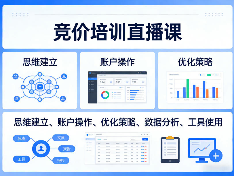 竞价培训直播课，覆盖思维建立、账户操作、优化策略、数据分析、工具使用等，全方位提升效果-数码之翼