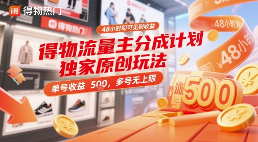 得物流量主分成计划独家原创玩法，48小时即可见到收益，单号收益5张，多号无上限【揭秘】-数码之翼
