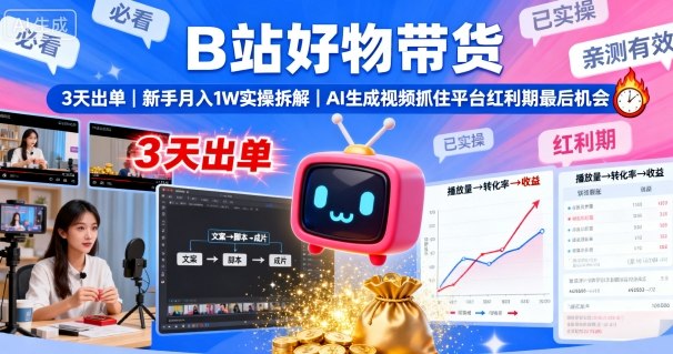 B站好物带货，3天出单，新手月入1W实操拆解，AI生成视频，抓住平台红利期最后机会-数码之翼