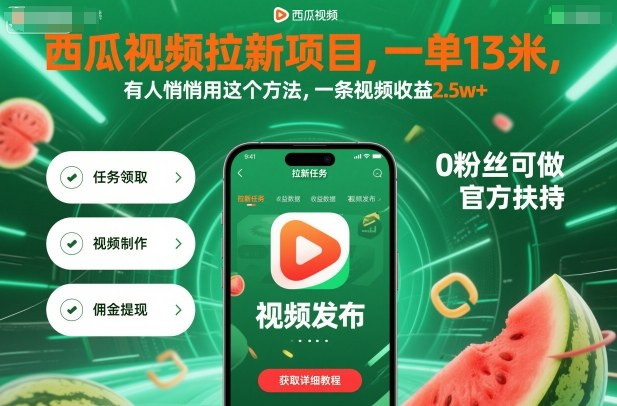 西瓜视频拉新项目，一单13米，有人悄悄用这个方法，一条视频收益2.5w+(附详细教程)-数码之翼