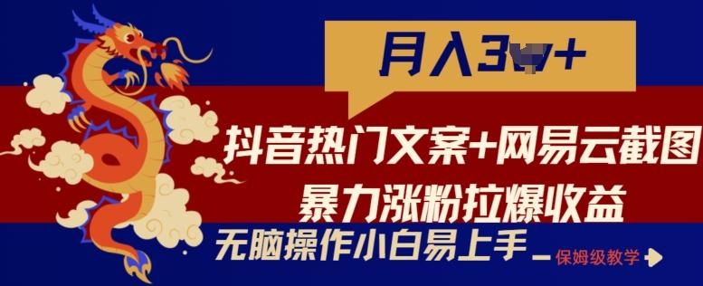 抖音热门文案+网易云截图暴力涨粉拉爆收益玩法，小白无脑操作，简单易上手【揭秘】-数码之翼