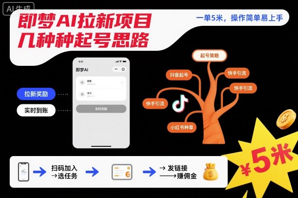 即梦AI拉新项目几种起号思路，一单5米，操作简单易上手-数码之翼