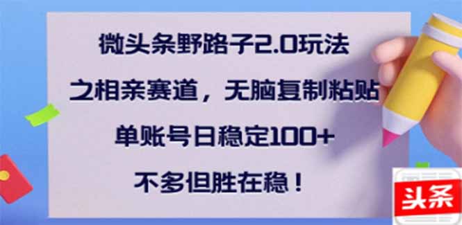 微头条野路子2.0玩法之相亲赛道，无脑搬砖复制粘贴，单账号日稳定300+...-数码之翼