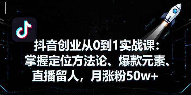 抖音创业从0到1实战课：掌握定位方法论、爆款元素、直播留人，月涨粉50w+-数码之翼
