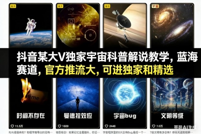 抖音某大V独家宇宙科普解说教学，蓝海赛道，官方推流大，可进独家和精选-数码之翼