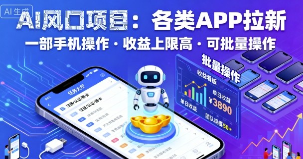 AI风口项目，各类APP拉新，一部手机就可以操作，收益上限高，可批量操作-数码之翼