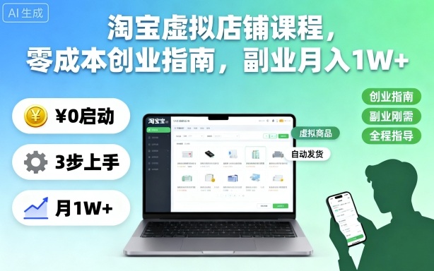 淘宝虚拟店铺课程，零成本创业指南，副业月入1W+-数码之翼