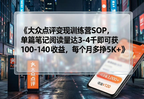 大众点评变现训练营SOP，单篇笔记阅读量达3-4千即可获100-140收益，每个月多挣5K+-数码之翼