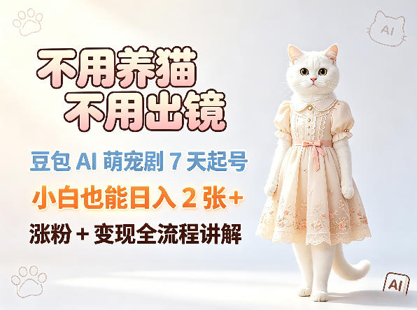 不用养猫不用出镜，豆包AI萌宠剧7天起号，小白也能日入2张+，涨粉+变现全流程讲解-数码之翼