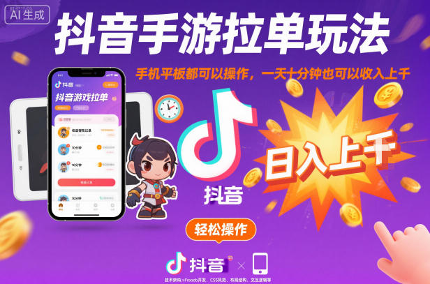 抖音手游拉单玩法，手机平板都可以操作，一天十分钟也可以收入上K【揭秘】-数码之翼