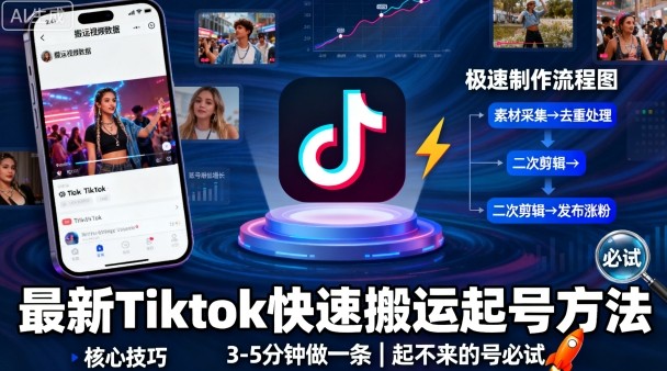 最新Tiktok快速搬运快速起号方法，3-5分钟做一条，起不来的号可以试试-数码之翼