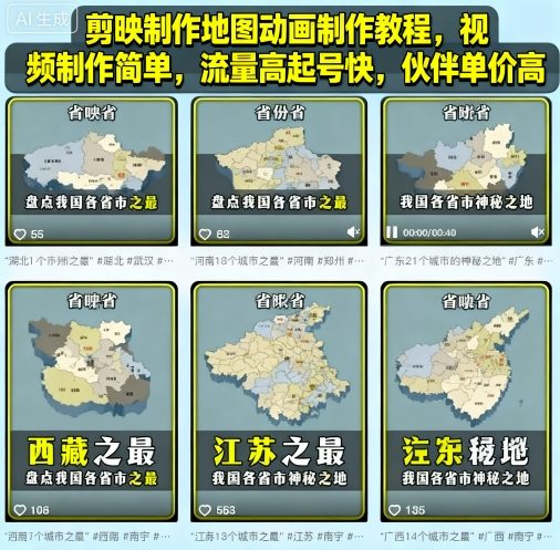 剪映制作地图动画制作教程，视频制作简单，流量高起号快，伙伴单价高-数码之翼