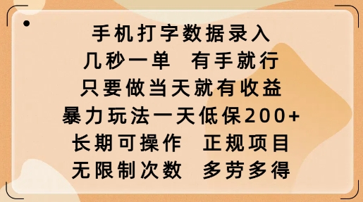 手机打字数据录入，几秒一单，有手就行，只要做当天就有收益，暴力玩法一天低保2张-数码之翼