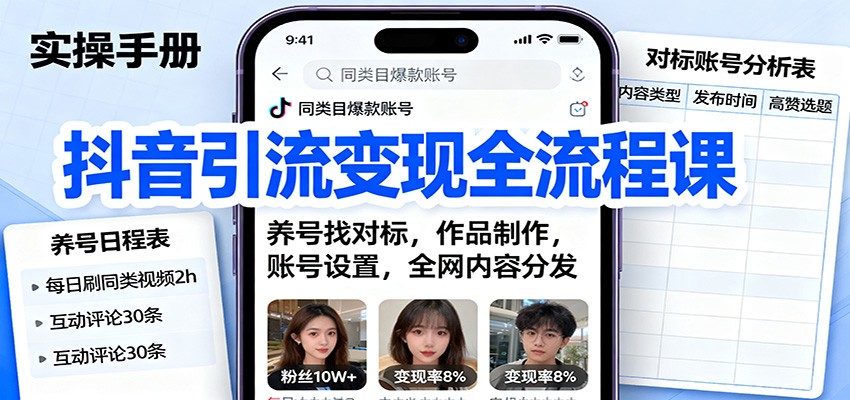 抖音引流变现全流程课：养号找对标，作品制作，账号设置，全网内容分发-数码之翼