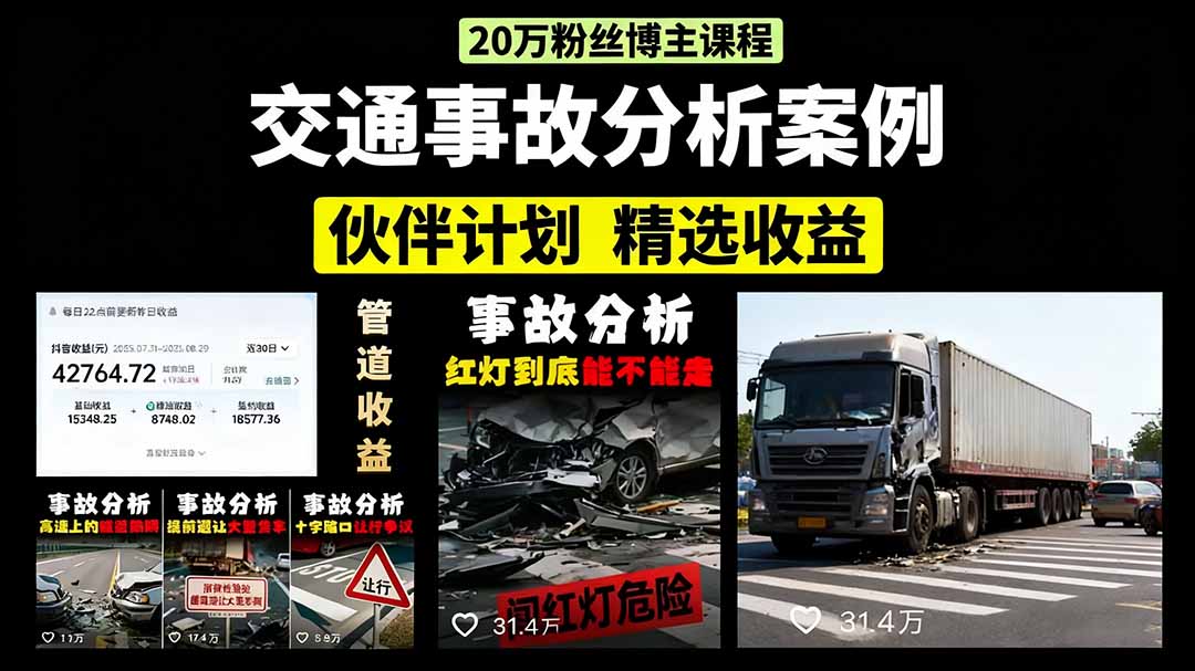 交通事故分析案例短视频，剪辑技巧+文案模板+配音教学+快速起号 月收益2w+-数码之翼