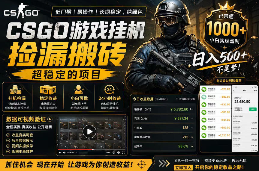 CSGO游戏搬砖，全自动挂G，不需要玩游戏，手机操作日入300+，解放双手【揭秘】-数码之翼