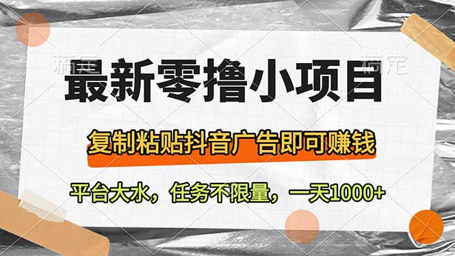 最新零撸小项目，复制粘贴抖音广告即可赚钱，平台大水，任务不限量，一…-数码之翼