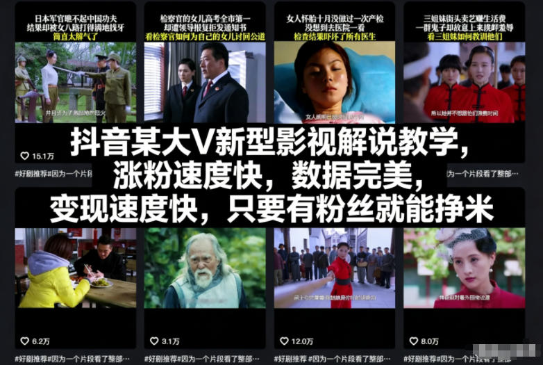 抖音某大V新型影视解说教学，涨粉速度快，数据完美，变现速度快，只要有粉丝就能挣米-数码之翼