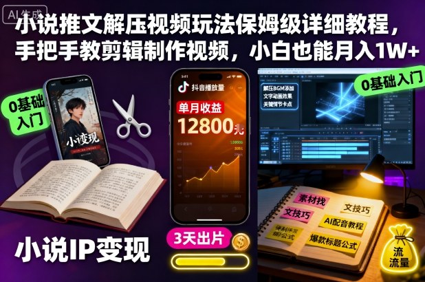 小说推文解压视频玩法保姆级详细教程,手把手教剪辑制作视频,小白也能月入1W+-数码之翼