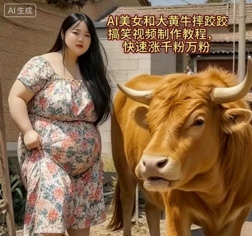 AI美女和大黄牛摔跤搞笑荒诞视频制作教程，快速涨千粉万粉-数码之翼