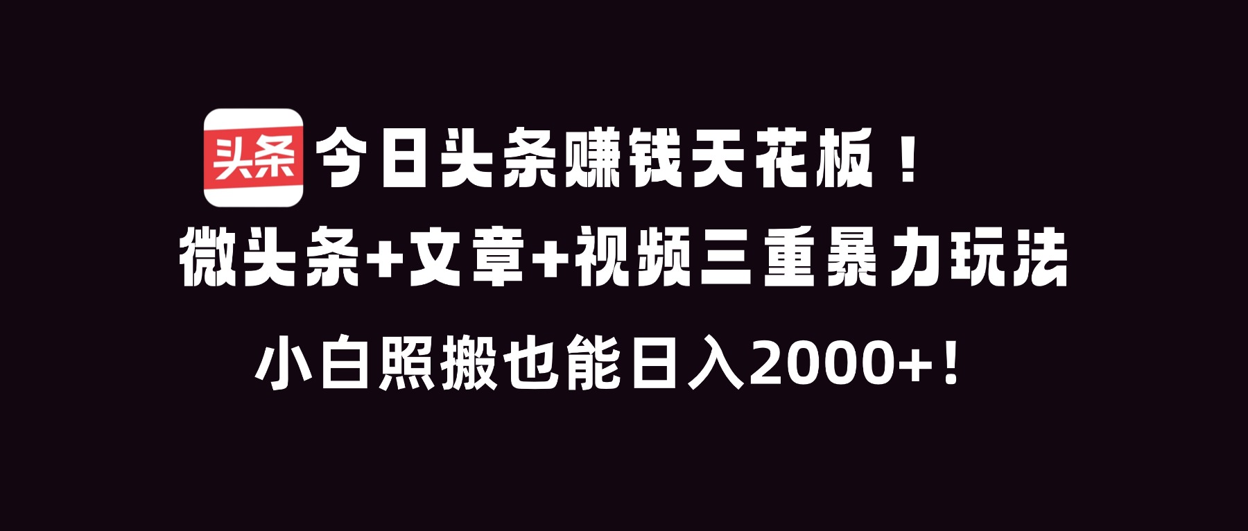 今日头条赚钱天花板!微头条+文章+视频三重暴利玩法,小白照搬也能日人2000+-数码之翼
