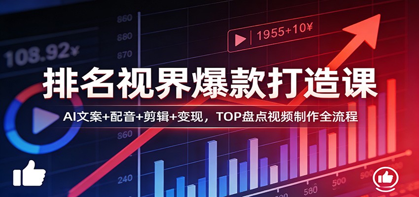 排名视界爆款打造课:AI文案+配音+剪辑+变现,TOP盘点视频制作全流程-数码之翼