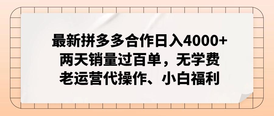 最新拼多多合作日入4000+两天销量过百单，无学费、老运营代操作、小白福利-数码之翼