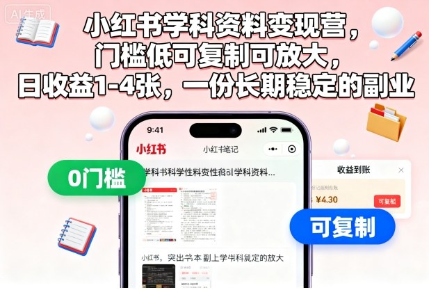 小红书学科资料变现营，门槛低可复制可放大，日收益1-4张，一份长期稳定的副业-数码之翼