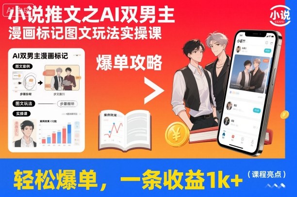 小说推文之AI双男主漫画标记图文玩法实操课，轻松爆单，一条收益1k+-数码之翼