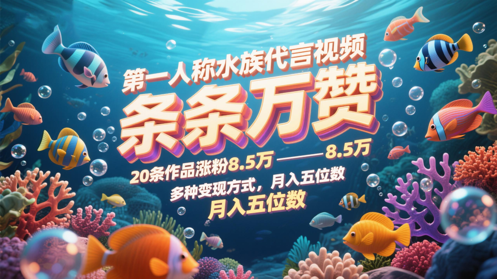第一人称水族代言视频，条条万赞，20条作品涨粉8.5万，多种变现方式月，入五位数-数码之翼