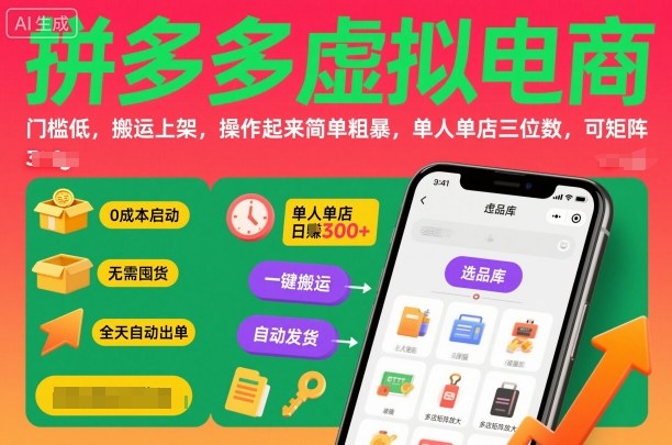 拼多多虚拟电商,门槛低,搬运上架,操作起来简单粗暴,单人单店三位数,可矩阵-数码之翼