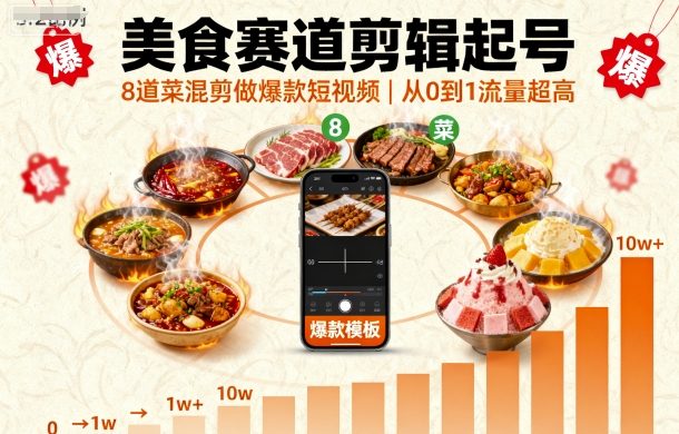 美食赛道剪辑起号，8道菜混剪做爆款短视频，从0到1，流量超高-数码之翼