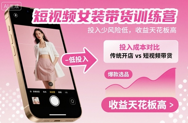 短视频女装带货训练营，投入少风险低，收益天花板高-数码之翼