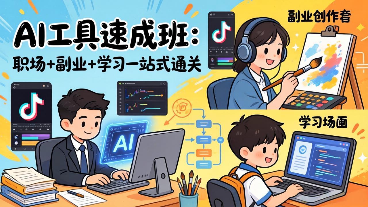 AI工具速成班：职场+副业+学习一站式通关，20+爆款类型+剪映技巧+抖音算法，0基础快速上手-数码之翼
