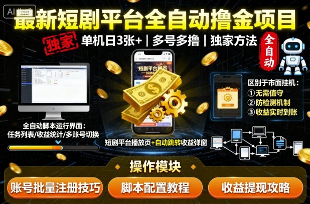 最新短剧平台全自动挂G撸金项目，单机一天3张+，多号多撸，区别于市面所有挂机项目，独家方法【揭秘】-数码之翼