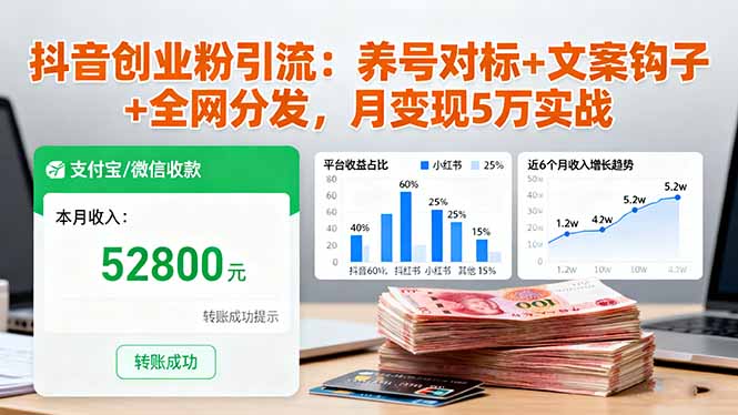 抖音创业粉引流:养号对标+文案钩子+全网分发,月变现5万实战-数码之翼