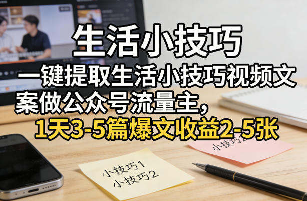 一键提取生活小技巧视频文案做公众号流量主，1天3-5篇爆文收益2-5张-数码之翼