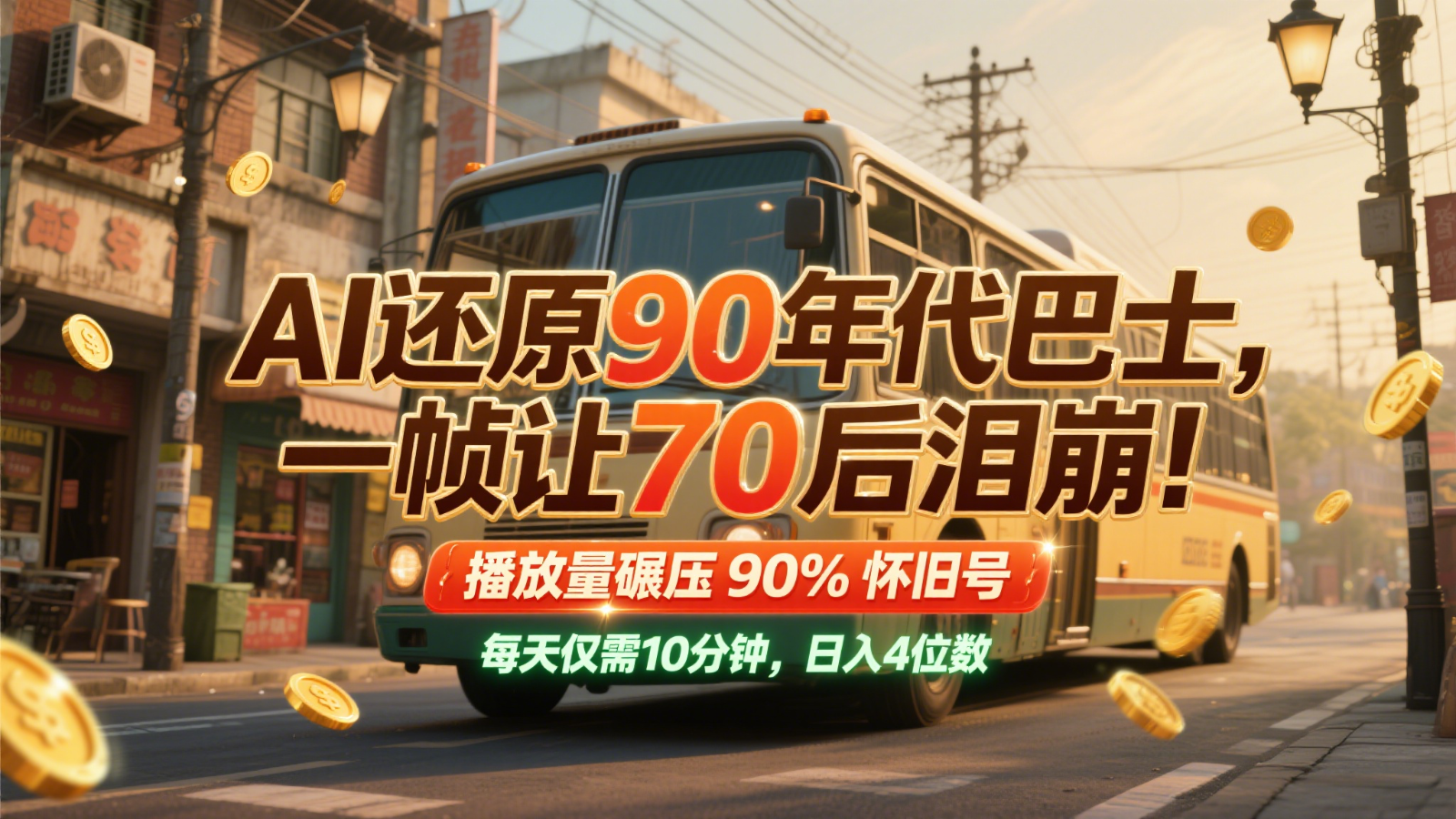 AI还原90年代巴士，一帧让70后泪崩！播放量碾压90%怀旧号，每天10分钟，日入4位数-数码之翼