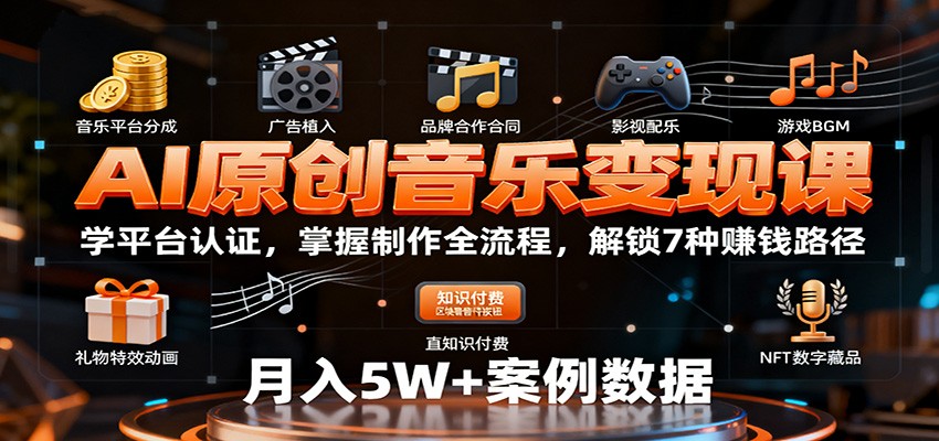 AI原创音乐变现课：学平台认证，掌握制作全流程，解锁7种赚钱路径-数码之翼